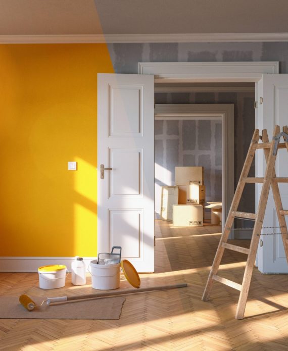 Painting wall yellow in room before and after restoration or ref